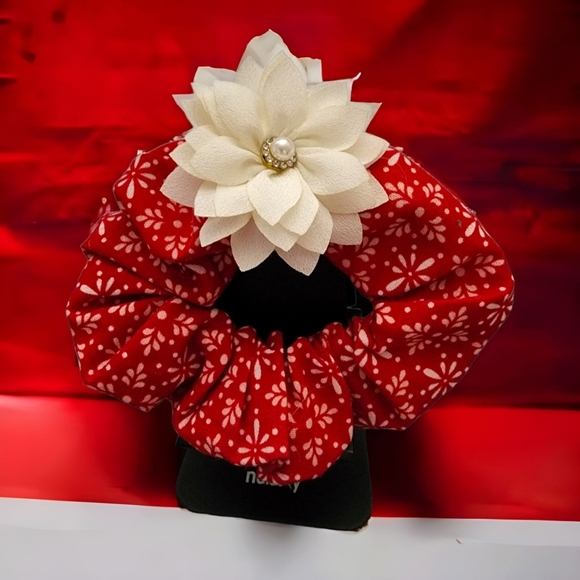 Red Floral Scrunchie with White Pearl Flower - Picture 6 of 9